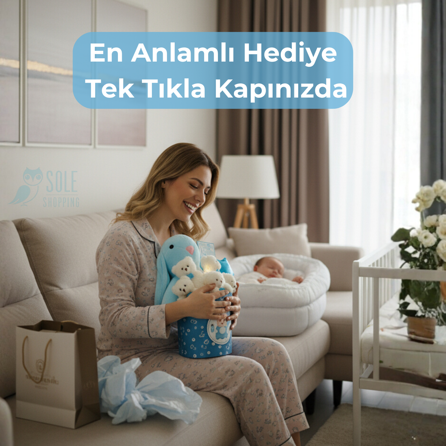 Hoşgeldin Bebek Mavi Tavşan LED'li Ayıcık Buketi Yenidoğan Babyshower ÖZEL