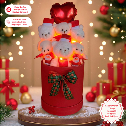 Yeniyıl Özel Yılbaşı Temalı Işıklı Balonlu ve Noel Şapkalı Ayıcık Buketi