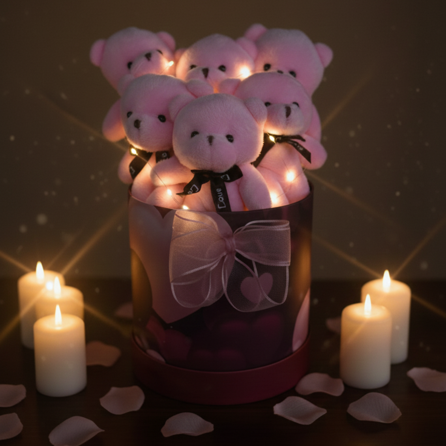 Premium Silindir Kalpli Kırmızı Kutusunda, Kalpli Balonlu LED Işıklı 6’lı Pembe Ayıcık Buketi