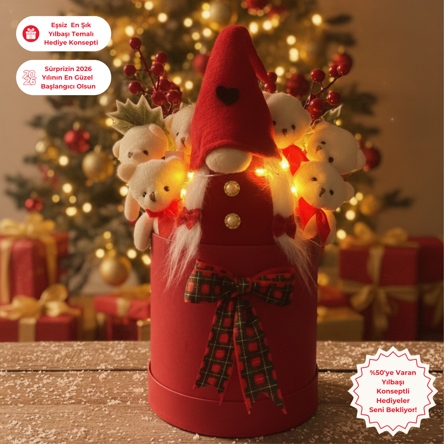 Yeniyıl KOKİNALI Işıklı Noel ELF Cüceli 6 Ayıcıklı Ayıcık Buketi