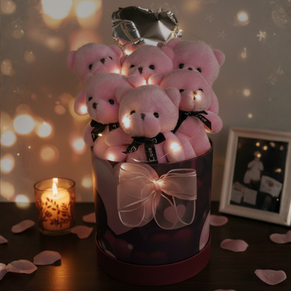 Premium Silindir Kalpli Kırmızı Kutusunda, Kalpli Balonlu LED Işıklı 6’lı Pembe Ayıcık Buketi