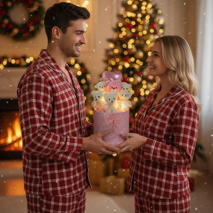 Kalpli Pembe Kutulu LED Işıklı 6’lı Beyaz Ayıcık Buketi