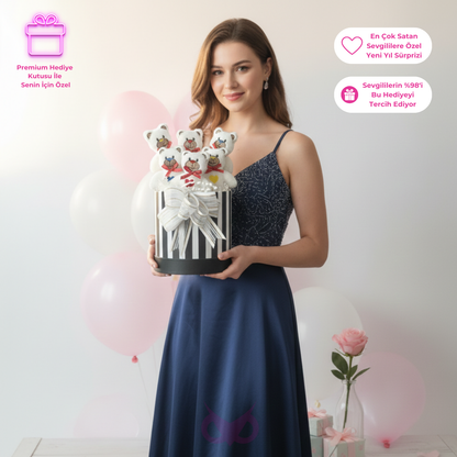 Premium Hediye 6'lı Renkli Nakışlı Peluş Beyaz Ayıcık Buketi