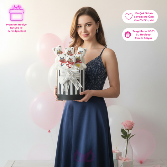 Premium Hediye 6'lı Renkli Nakışlı Peluş Beyaz Ayıcık Buketi