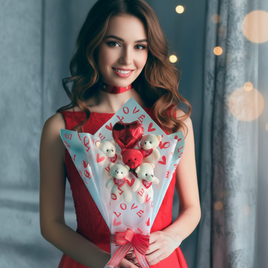 Premium Kalp Balonlu LOVE Temalı Kırmızı Beyaz Peluş Ayıcık Buketi