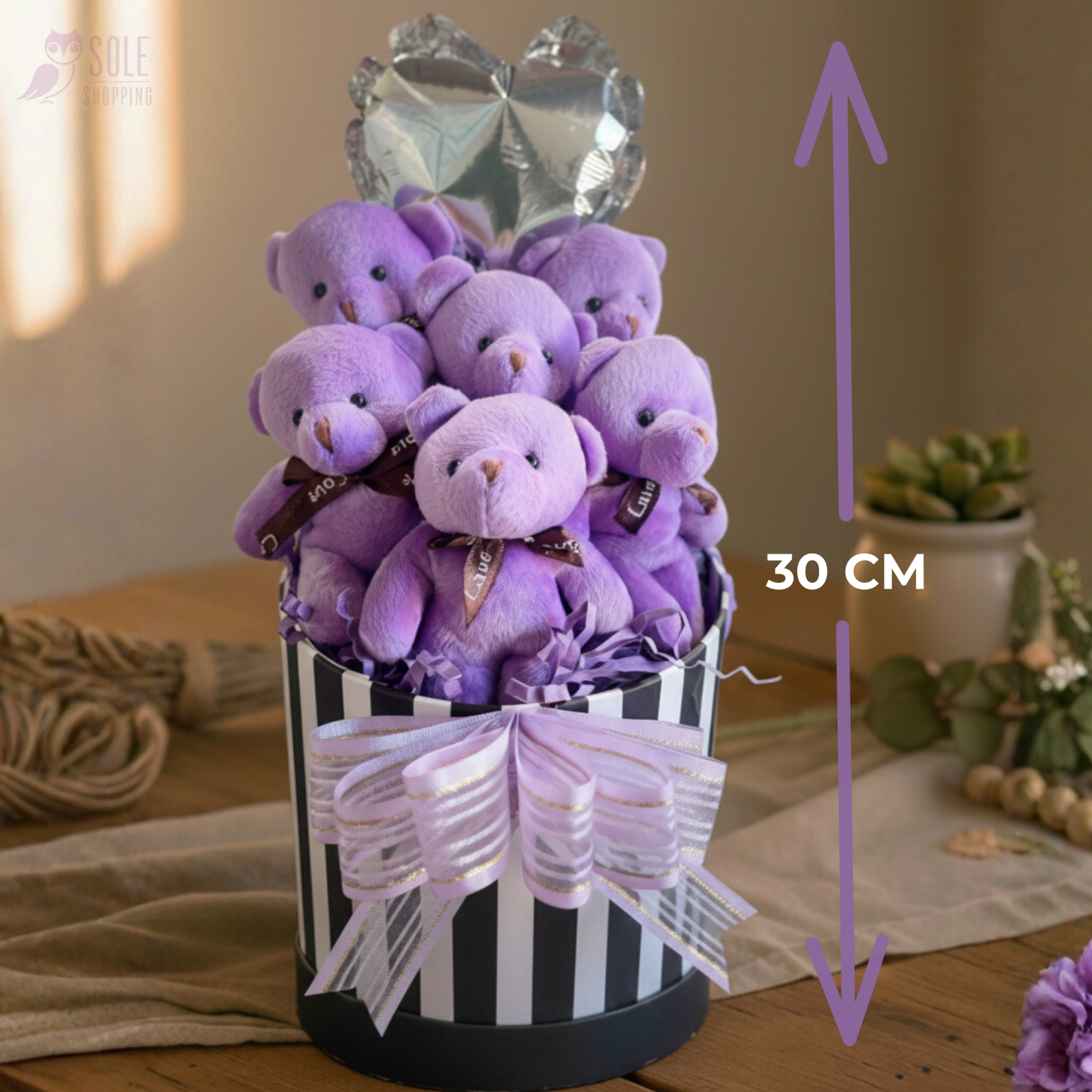 Premium Hediye Kalpli Balonlu 6’lı Mor Ayıcık Buketi