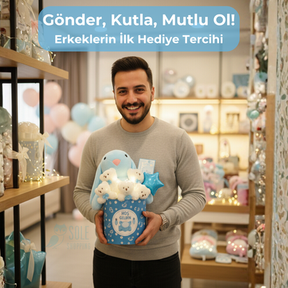 Hoşgeldin Bebek Mavi Tavşan LED'li Ayıcık Buketi Yenidoğan Babyshower ÖZEL