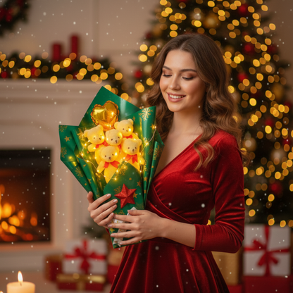 Yeniyıl Yılbaşı Işıklı Romantik Beyaz Ayıcıklı Yeşil Kırmızı Buket