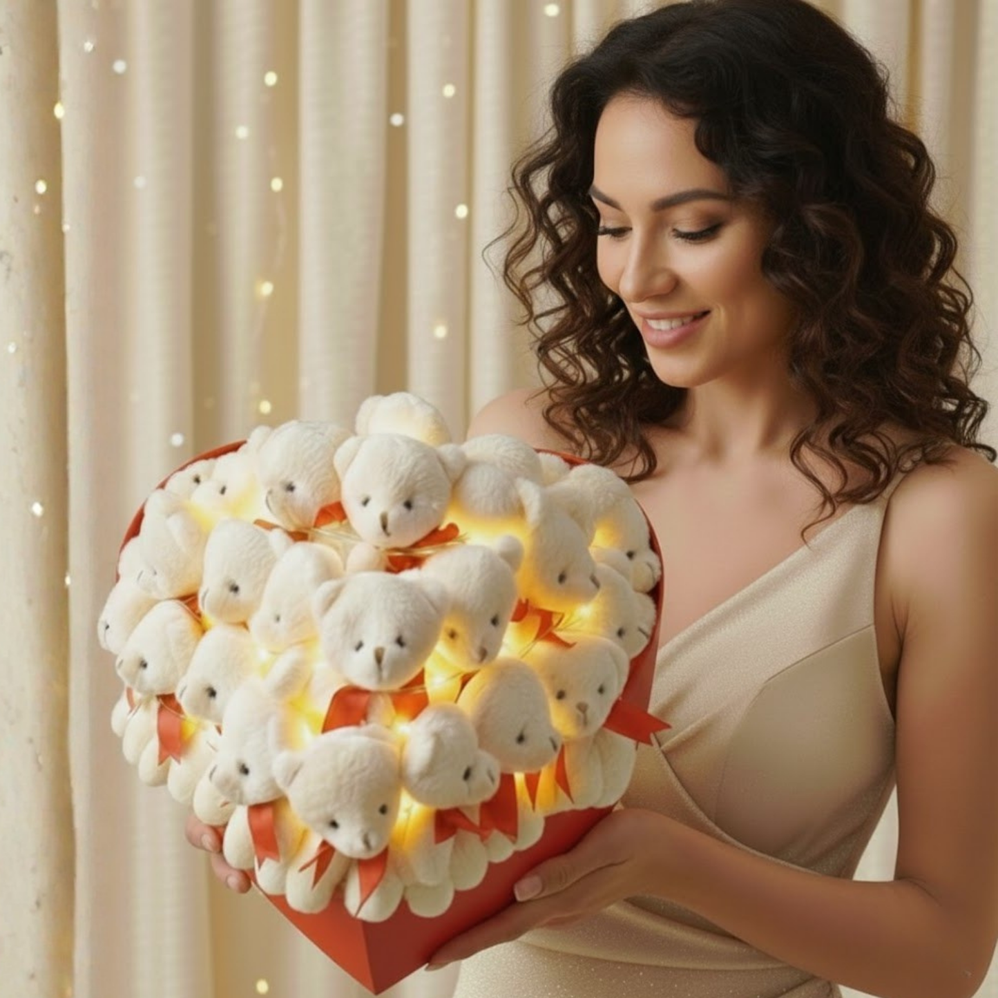 Aşka Özel Elit Set 32'li Işıltılı Aşk Tılsımı Beyaz Peluş Ayıcık Buketi