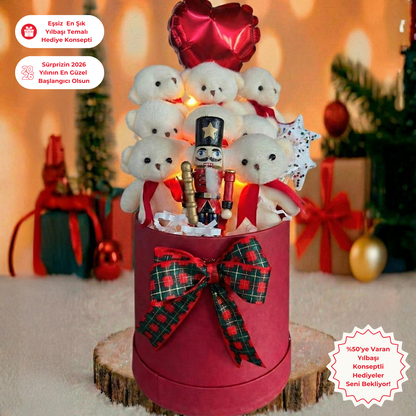 Yeniyıl Özel Işıklı Kurşun Askerli 7 Yumoş Ayıcıklı ve Noel Konsept Buketi