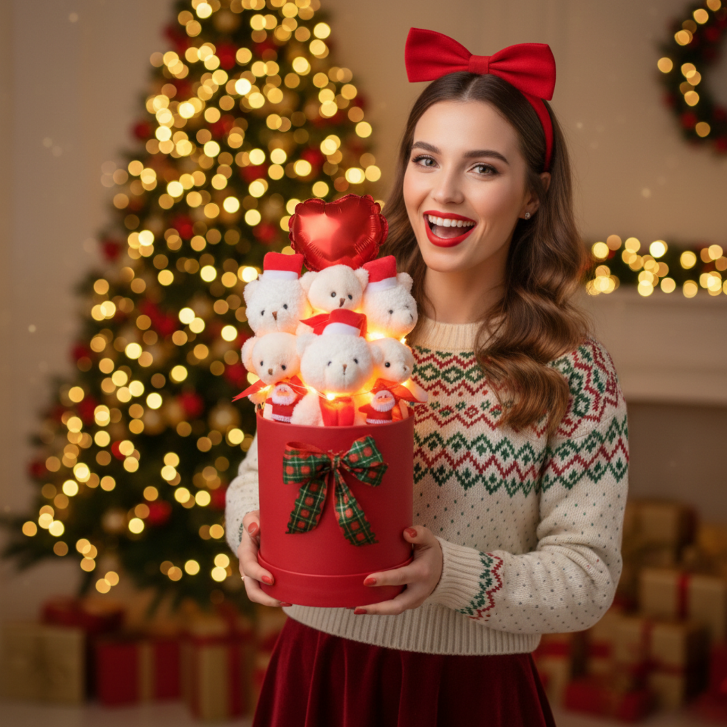 Yeniyıl Özel Yılbaşı Temalı Işıklı Balonlu ve Noel Şapkalı Ayıcık Buketi