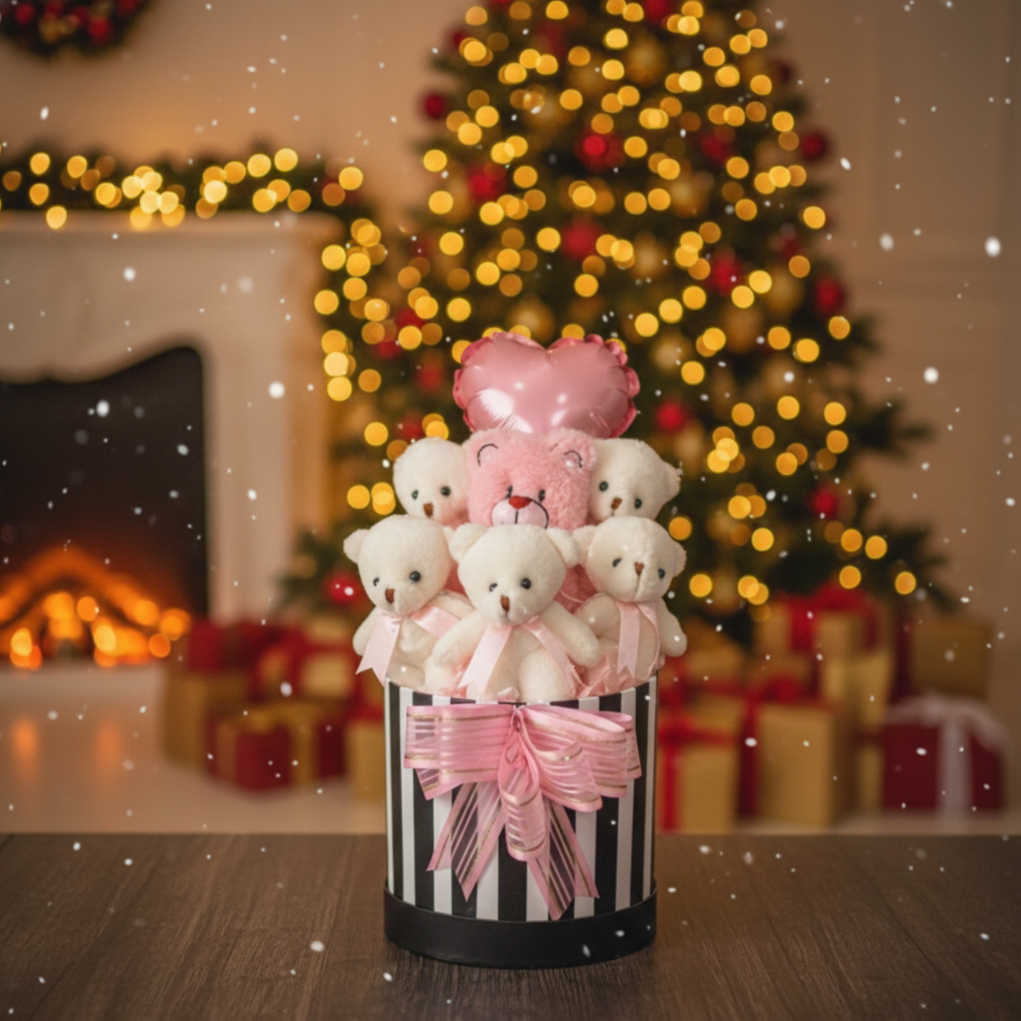 Premium Hediye LED Işıklı Kalpli Balonlu 6’lı Pembe Ayıcık Buketi