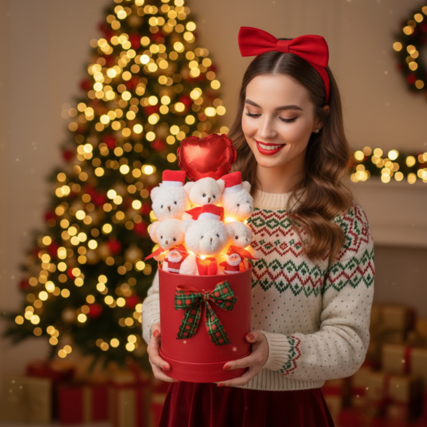 Yeniyıl Özel Yılbaşı Temalı Işıklı Balonlu ve Noel Şapkalı Ayıcık Buketi