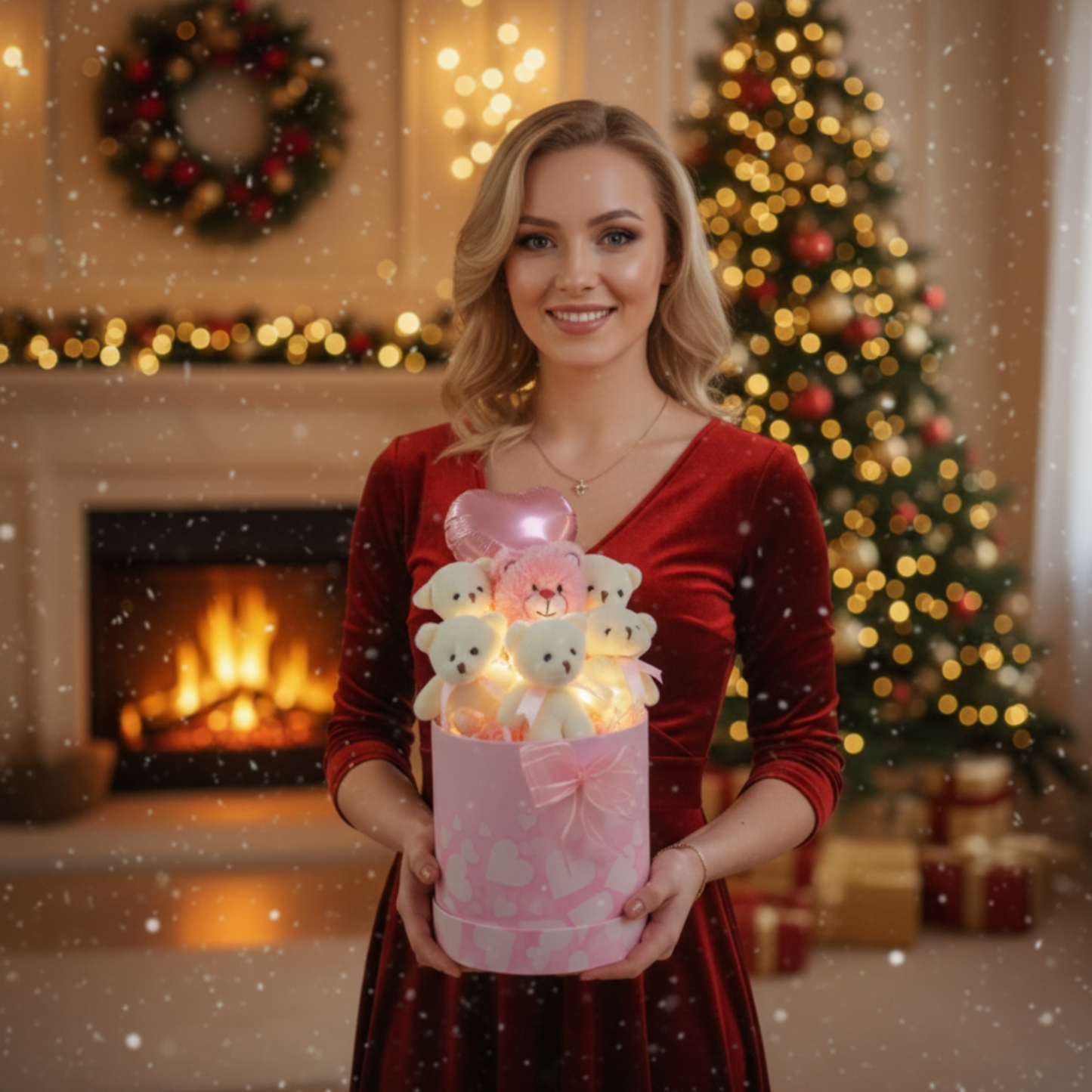 Kalpli Pembe Kutulu LED Işıklı 6’lı Beyaz Ayıcık Buketi