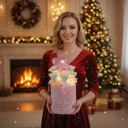 Kalpli Pembe Kutulu LED Işıklı 6’lı Beyaz Ayıcık Buketi