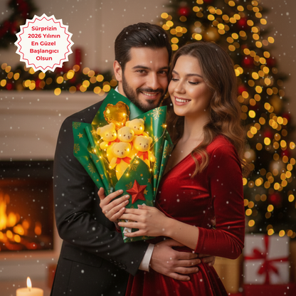 Yeniyıl Yılbaşı Işıklı Romantik Beyaz Ayıcıklı Yeşil Kırmızı Buket