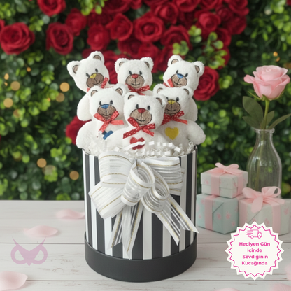 Premium Hediye 6'lı Renkli Nakışlı Peluş Beyaz Ayıcık Buketi