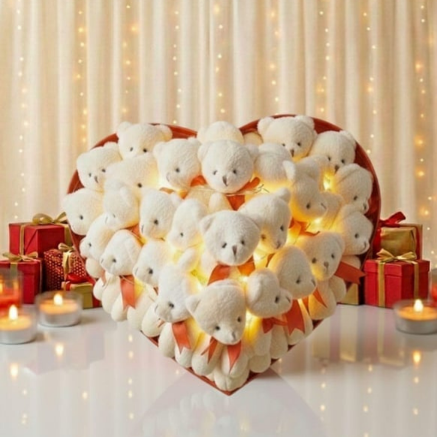 Aşka Özel Elit Set 32'li Işıltılı Aşk Tılsımı Beyaz Peluş Ayıcık Buketi