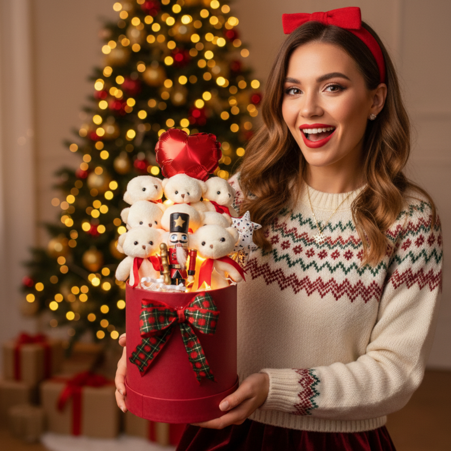 Yeniyıl Özel Işıklı Kurşun Askerli 7 Yumoş Ayıcıklı ve Noel Konsept Buketi