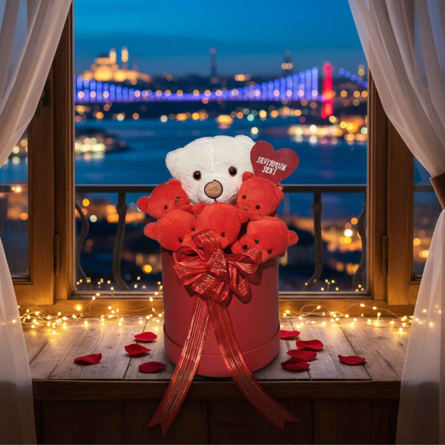 Premium Kutulu Hediye Seviyorum Seni Beyaz Kırmızı Peluş Ayıcık Buketi