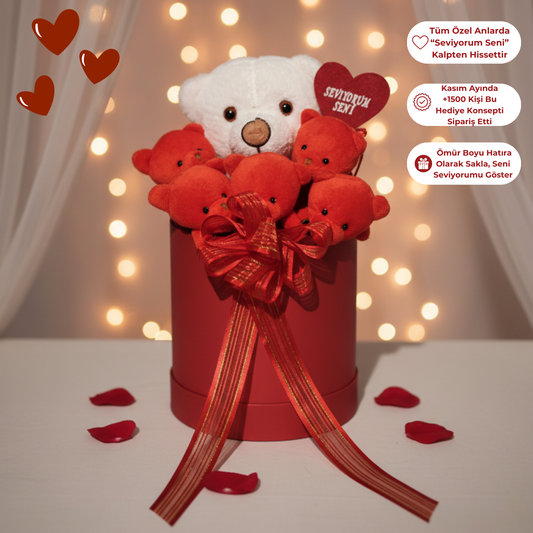 Premium Kutulu Hediye Seviyorum Seni Beyaz Kırmızı Peluş Ayıcık Buketi