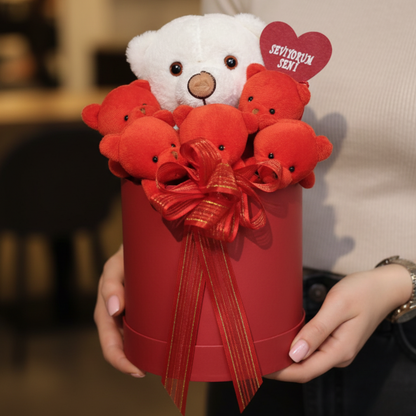 Premium Kutulu Hediye Seviyorum Seni Beyaz Kırmızı Peluş Ayıcık Buketi