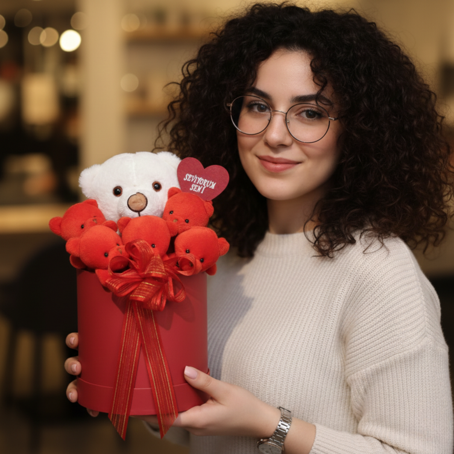 Premium Kutulu Hediye Seviyorum Seni Beyaz Kırmızı Peluş Ayıcık Buketi