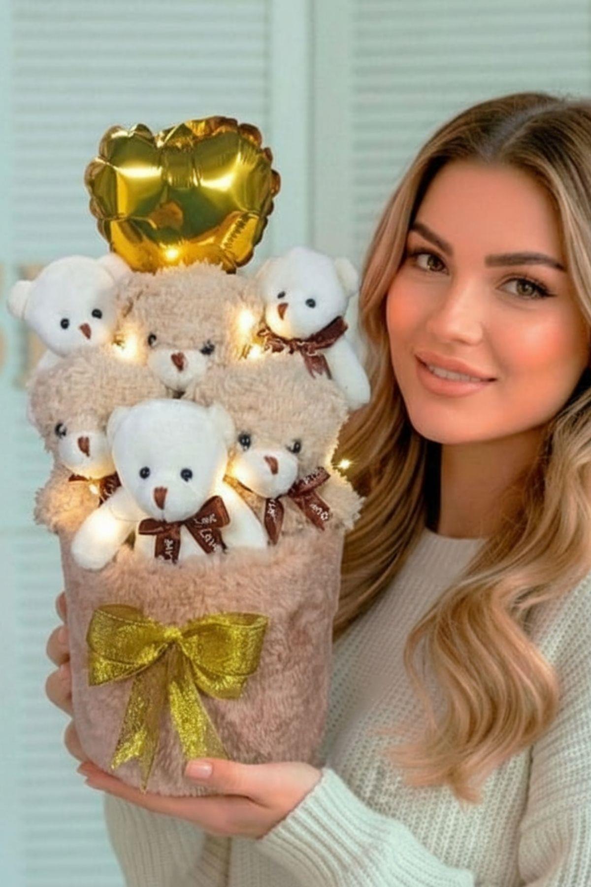 Kadınlar Gününe ÖZEL: Deluxe Krem Peluş Silindir Kutuda, LED Işıklı Kalpli Balonlu 6’lı Boz Ayıcık Buketi - Sevdiğine Hediye