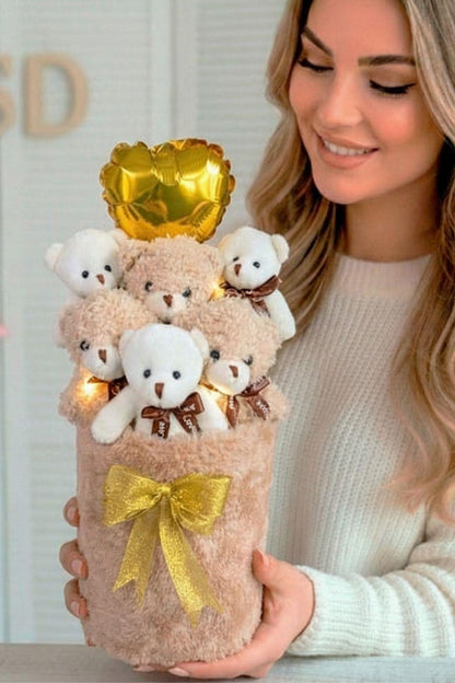 Kadınlar Gününe ÖZEL: Deluxe Krem Peluş Silindir Kutuda, LED Işıklı Kalpli Balonlu 6’lı Boz Ayıcık Buketi - Sevdiğine Hediye
