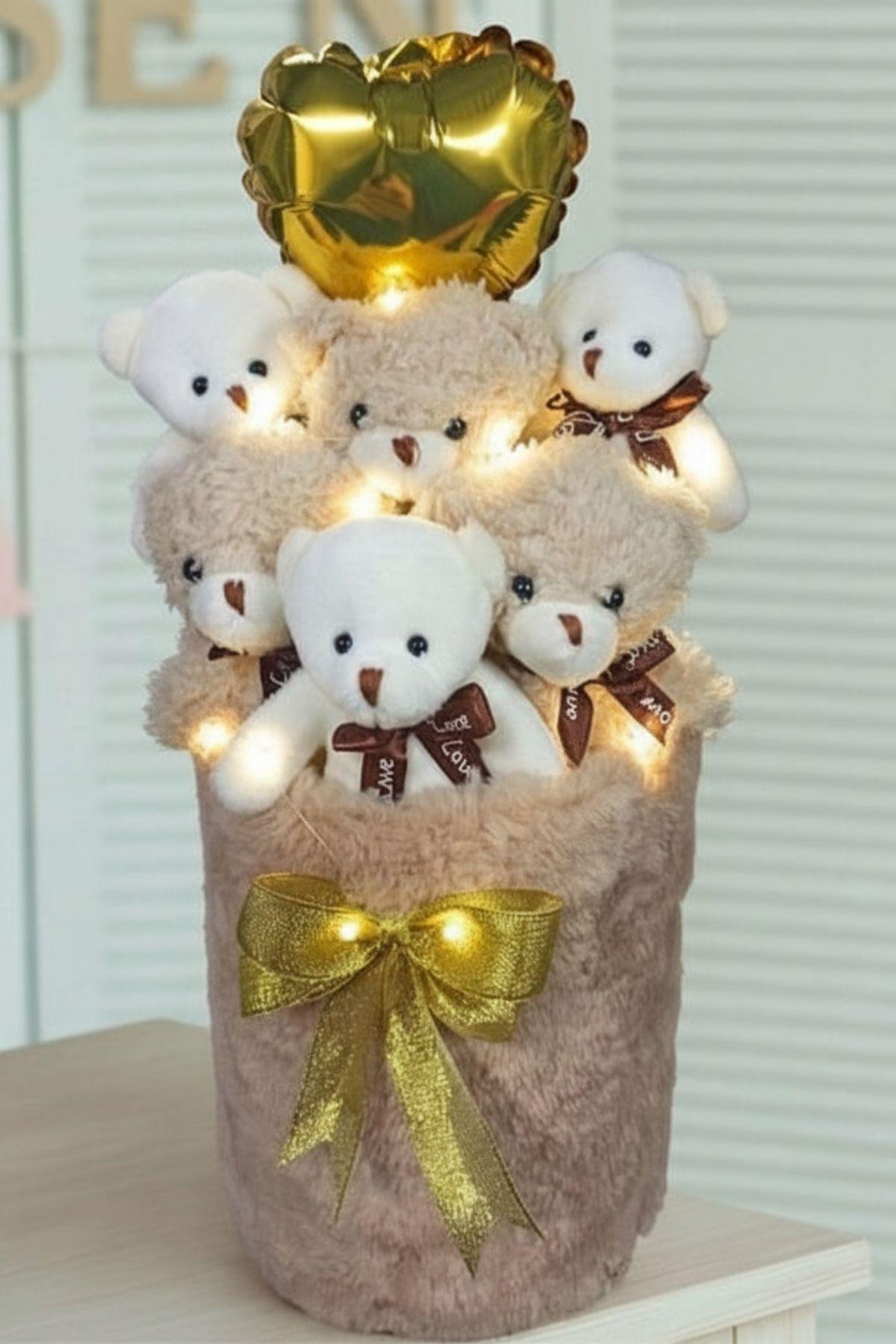 Kadınlar Gününe ÖZEL: Deluxe Krem Peluş Silindir Kutuda, LED Işıklı Kalpli Balonlu 6’lı Boz Ayıcık Buketi - Sevdiğine Hediye