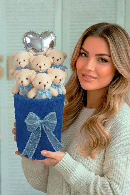 Kadınlar Gününe ÖZEL: Deluxe Lacivert Peluş Silindir Kutuda, Kalpli Balonlu 6’lı Lacivert Ayıcık Buketi - Sevdiğine Hediye