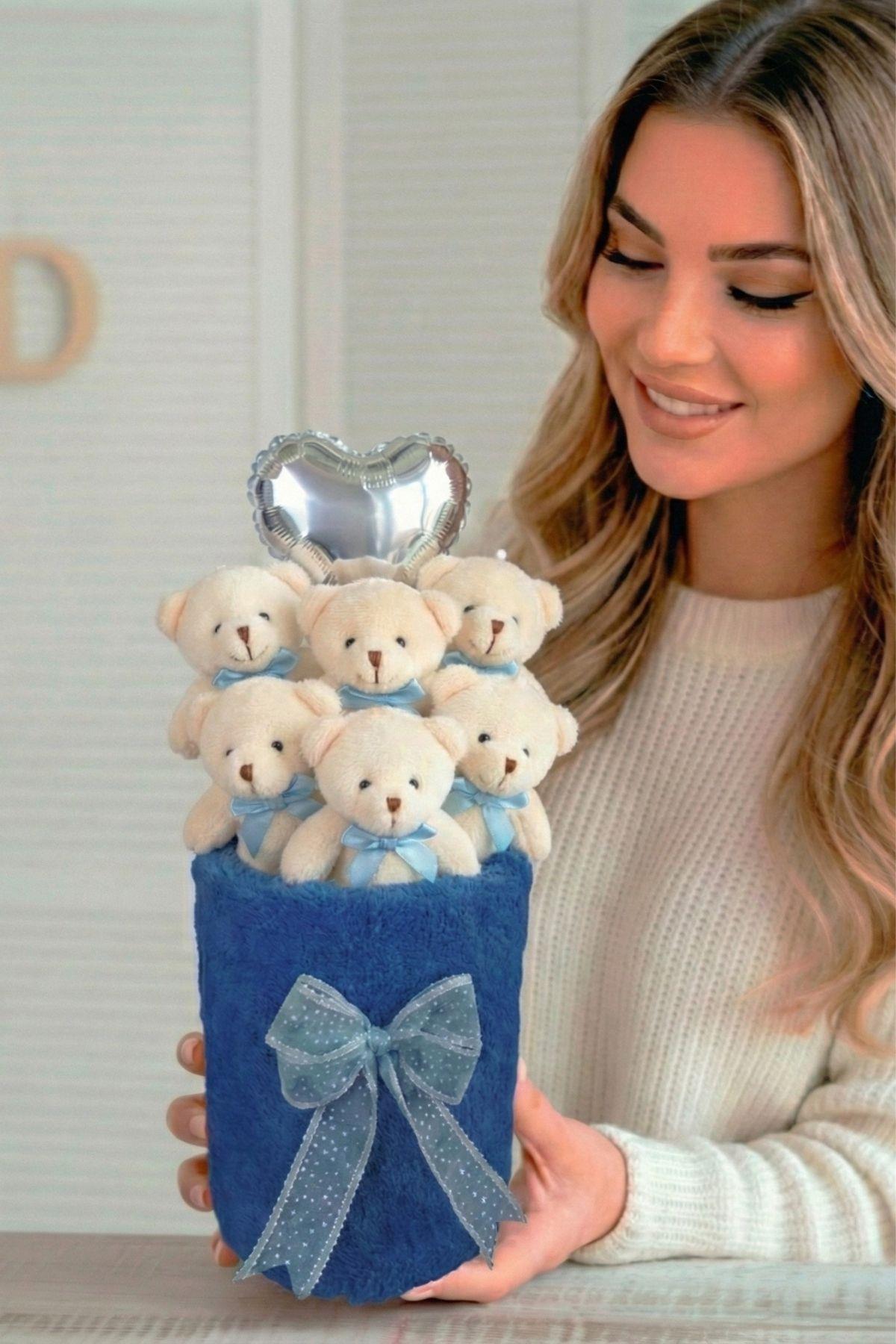 Kadınlar Gününe ÖZEL: Deluxe Lacivert Peluş Silindir Kutuda, Kalpli Balonlu 6’lı Lacivert Ayıcık Buketi - Sevdiğine Hediye