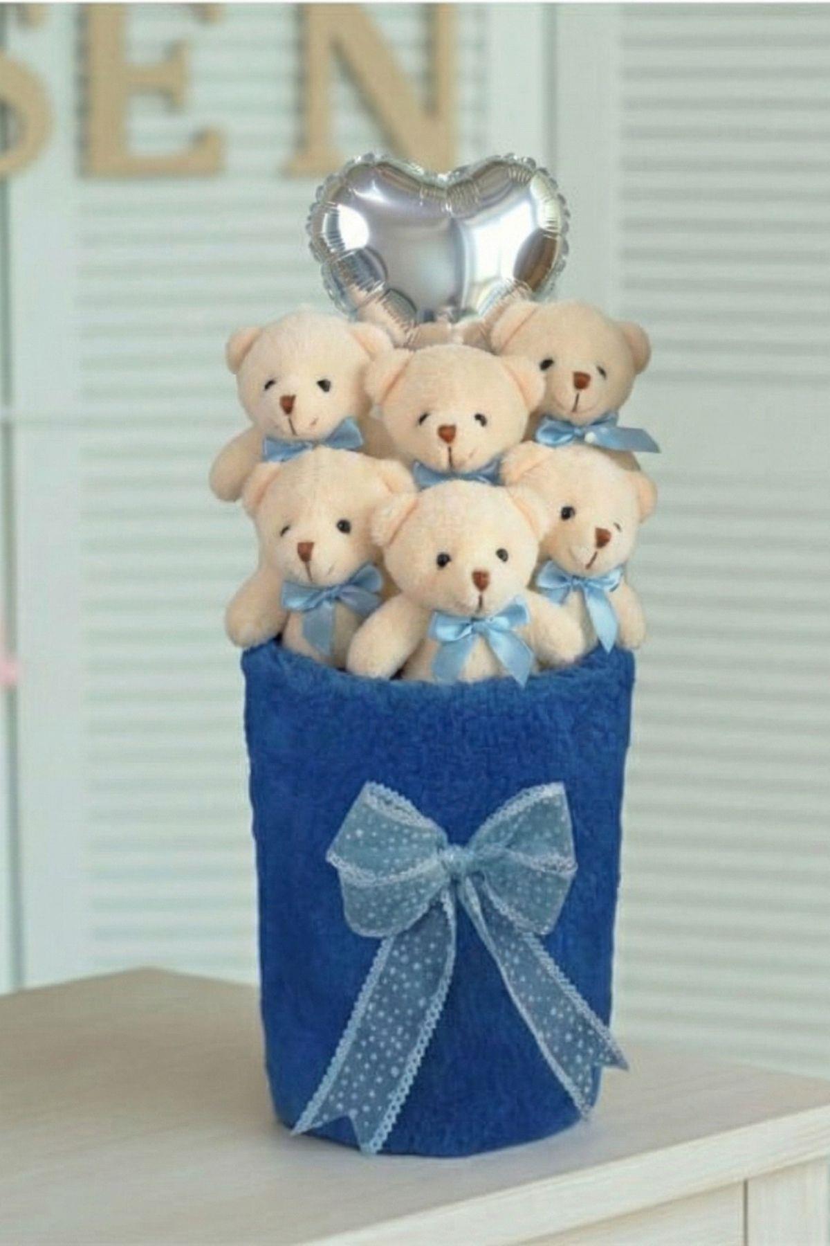 Kadınlar Gününe ÖZEL: Deluxe Lacivert Peluş Silindir Kutuda, Kalpli Balonlu 6’lı Lacivert Ayıcık Buketi - Sevdiğine Hediye