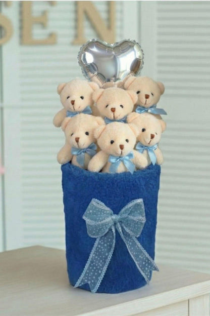 Kadınlar Gününe ÖZEL: Deluxe Lacivert Peluş Silindir Kutuda, Kalpli Balonlu 6’lı Lacivert Ayıcık Buketi - Sevdiğine Hediye