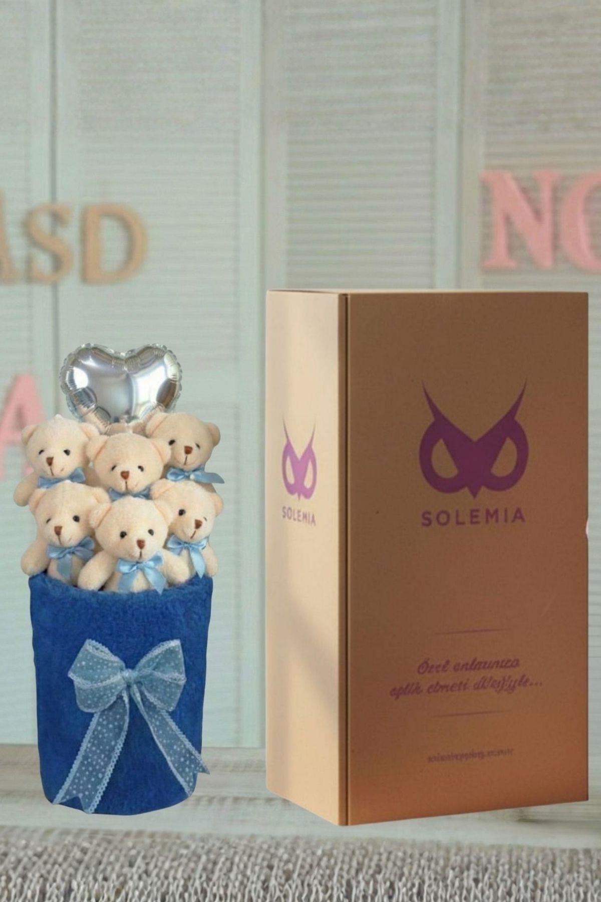 Kadınlar Gününe ÖZEL: Deluxe Lacivert Peluş Silindir Kutuda, Kalpli Balonlu 6’lı Lacivert Ayıcık Buketi - Sevdiğine Hediye