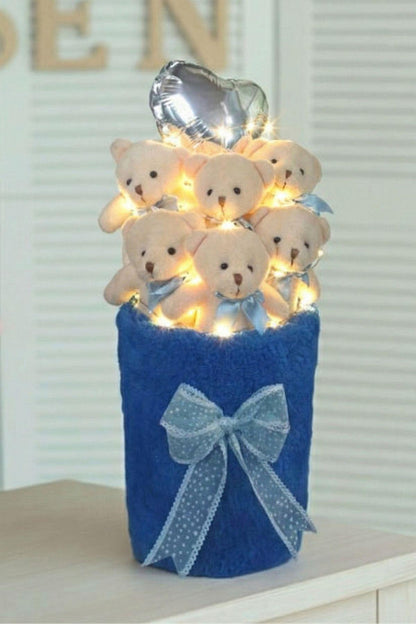 Kadınlar Gününe ÖZEL: Deluxe Lacivert Peluş Silindir Kutuda, LED Işıklı Kalpli Balonlu 6’lı Lacivert Ayıcık Buketi - Sevdiğine Hediye