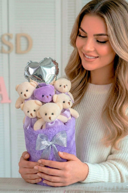 Kadınlar Gününe ÖZEL: Deluxe Lila Peluş Silindir Kutuda, Kalpli Balonlu 6’lı Lila Ayıcık Buketi - Sevdiğine Hediye
