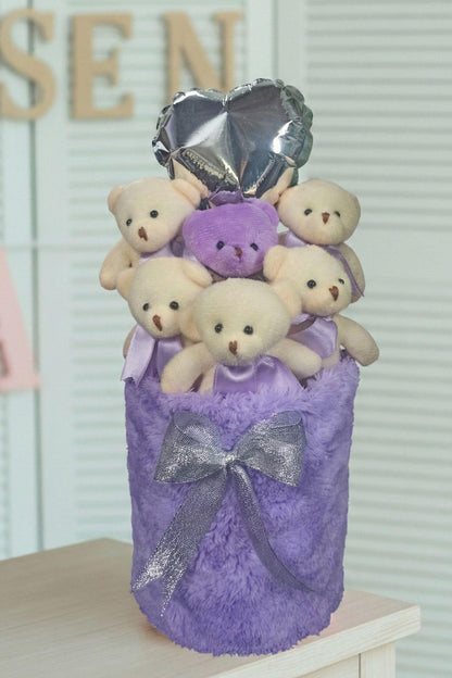 Kadınlar Gününe ÖZEL: Deluxe Lila Peluş Silindir Kutuda, Kalpli Balonlu 6’lı Lila Ayıcık Buketi - Sevdiğine Hediye