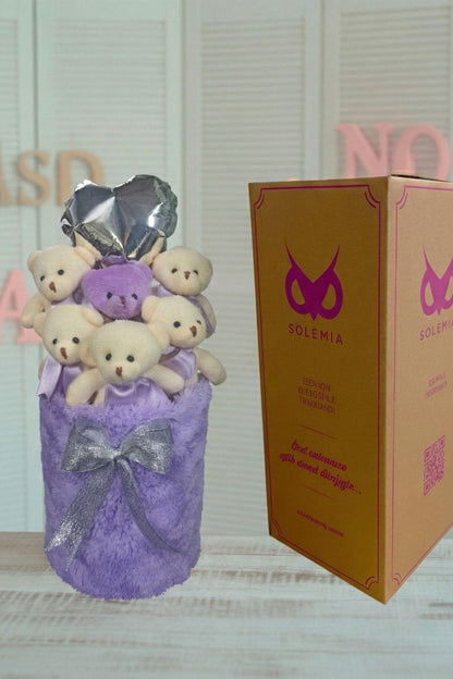 Kadınlar Gününe ÖZEL: Deluxe Lila Peluş Silindir Kutuda, Kalpli Balonlu 6’lı Lila Ayıcık Buketi - Sevdiğine Hediye