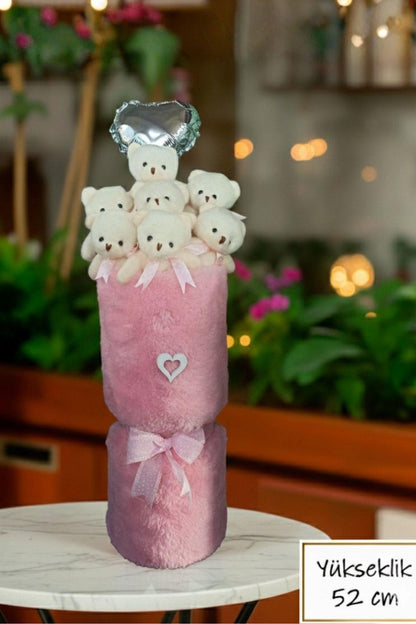 Kadınlar Gününe ÖZEL: Deluxe Pembe Peluş Ayıcık Kalp Balonlu Peluş Vazo Tasarımlı Ayıcık Buketi