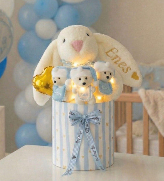 Kişiye Özel İsimli Tavşanlı Led Işıklı Şapkalı 3'lü Ayıcık Buketi – Baby Shower