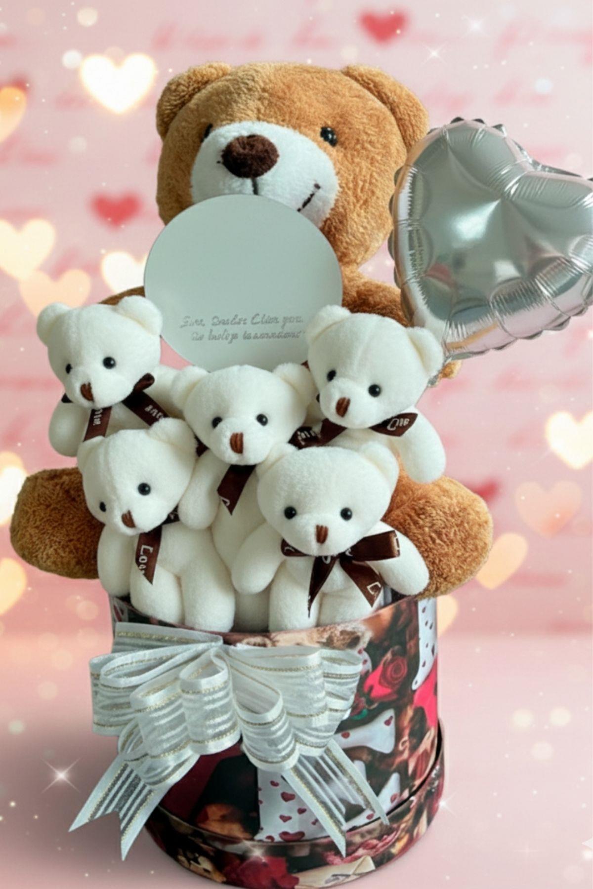 Kadınlar Gününe ÖZEL: Mesajlı Ayna ve Kalpli Kutuda Kahverengi - Pembe Delüxe Peluş Ayıcık Buketi – Romantik Hediye Seti