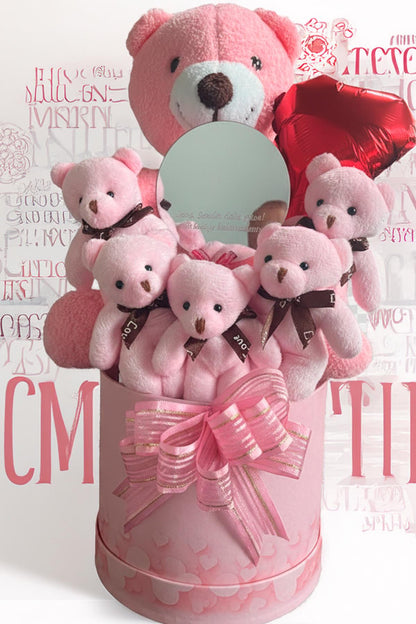 Mesajlı Ayna ve Kalpli Kutuda Pembe Delüxe Peluş Ayıcık Buketi – Romantik Hediye Seti