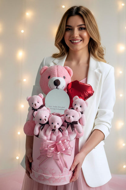 Mesajlı Ayna ve Kalpli Kutuda Pembe Delüxe Peluş Ayıcık Buketi – Romantik Hediye Seti