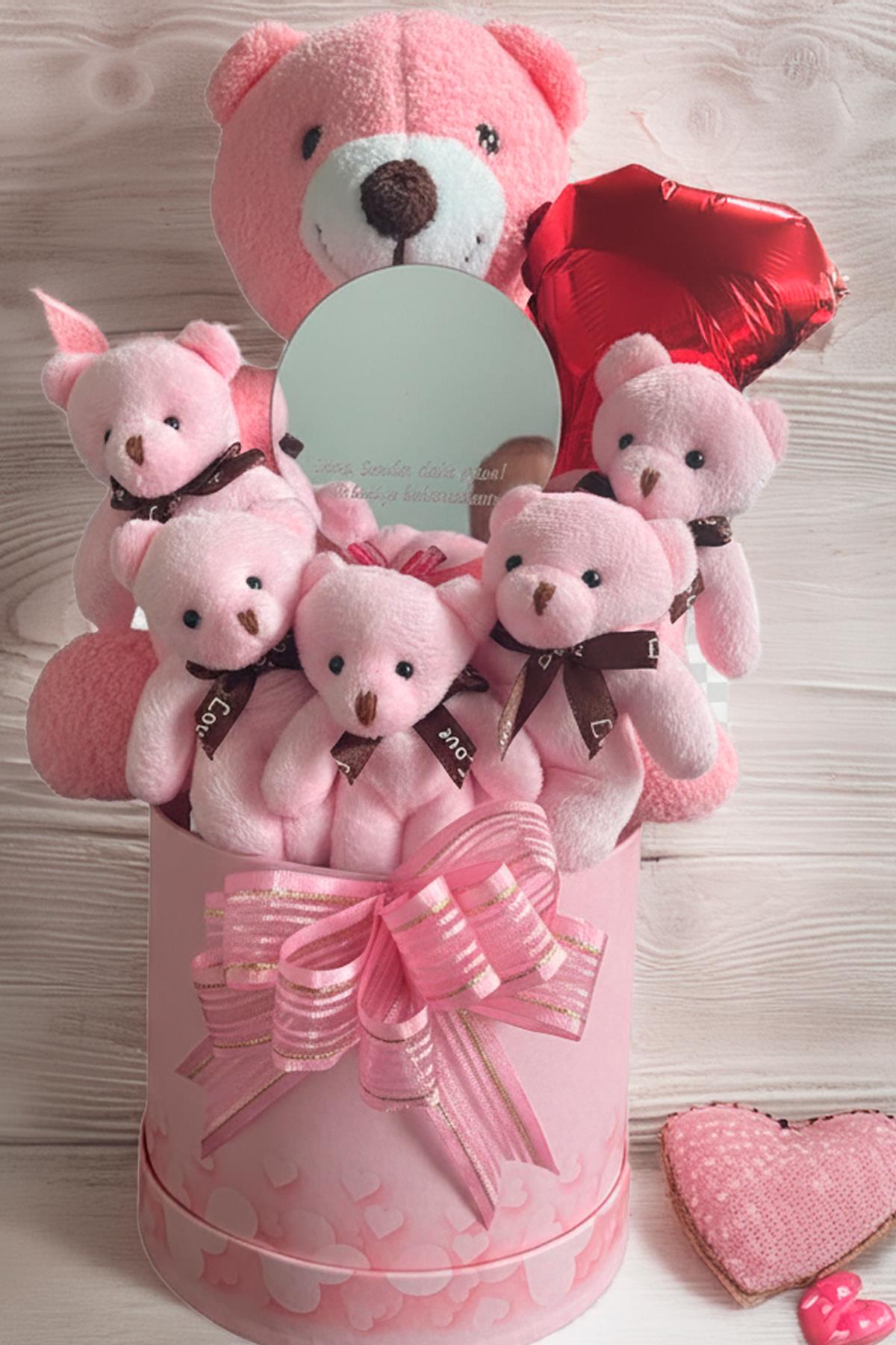 Mesajlı Ayna ve Kalpli Kutuda Pembe Delüxe Peluş Ayıcık Buketi – Romantik Hediye Seti