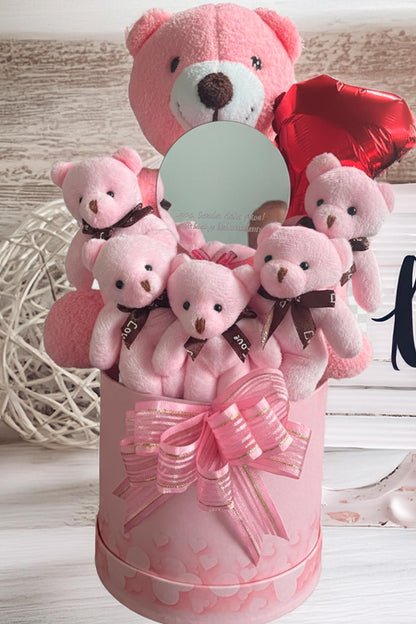 Mesajlı Ayna ve Kalpli Kutuda Pembe Delüxe Peluş Ayıcık Buketi – Romantik Hediye Seti
