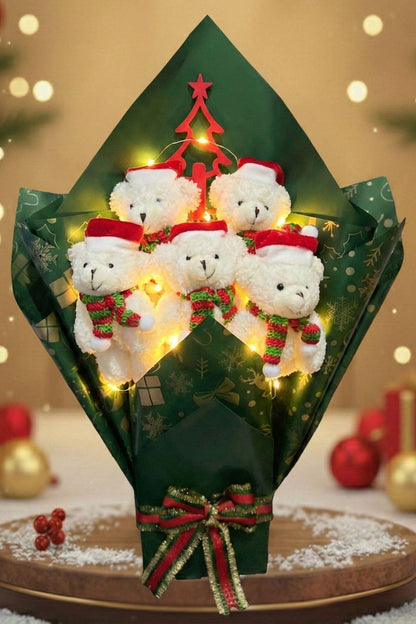 Premium Özel Yeni Yıl Serisi – Yeşil Konseptli LED Işıklı 5’li Noel Ayıcık Buketi