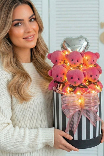 Premium Silindir Hediye Kutusunda, Kalp Balonlu LED Işıklı 6’lı Fuşya Ayıcık Buketi, Sevdiğini Hediye