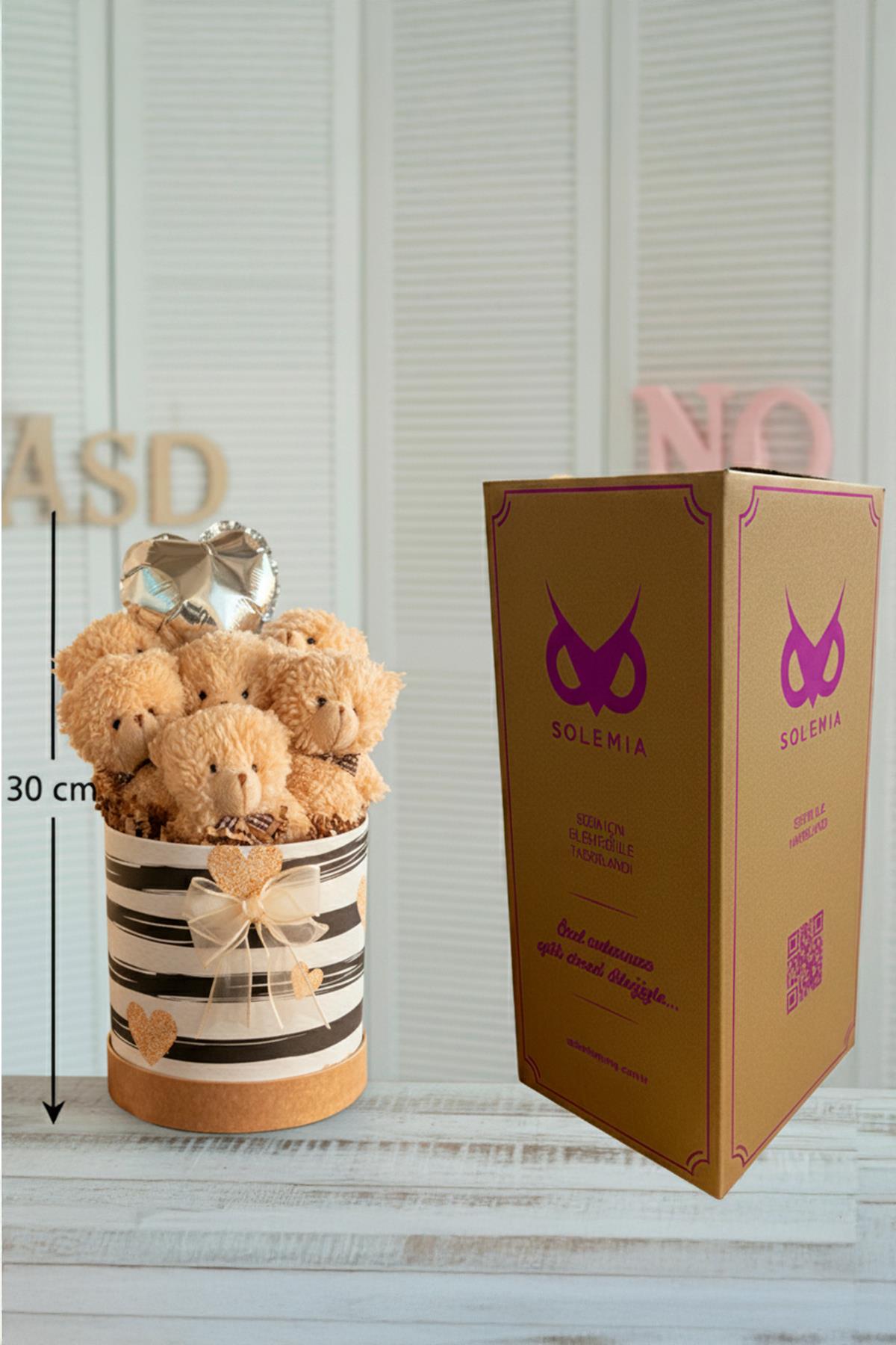 Kadınlar Gününe ÖZEL: Premium Silindir Hediye Kutusunda, Kalp Balonlu LED Işıklı 6’lı Taba Ayıcık Buketi, Sevdiğini Hediye