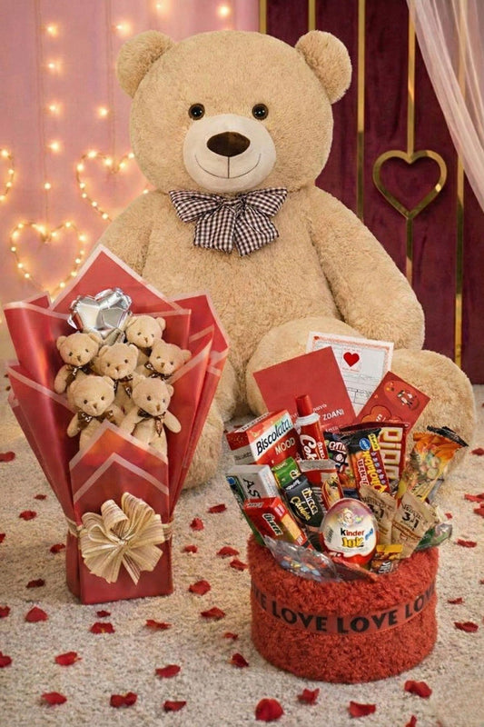 Kadınlar Günü Hediye Seti Sevgiliye Kıza 90 Cm Peluş Ayı, Ayıcık Buketi & Çikolata Sepeti Hediyesi